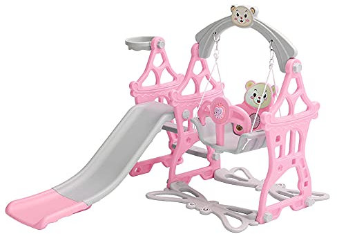 Warmiehomy Kids Swing and Slide Set for 1-3 Years Toddler | Indoor/Outdoor Baby Playground with Safety Harness | CE Certified PP Plastic Climbing Frame for Gardens, Nursery & Backyards, Pink (Pink-A)