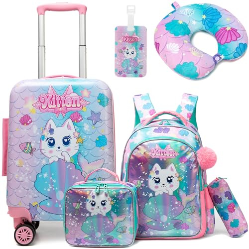 HTgroce 5tlg Kinderkoffer Set, Kinder Reisekoffer mit Schulrucksack, Nackenkissen, Lunchtasche, Federtasche & Kofferanhänger, Reisetrolley mit Rollen für Kinder Hartschalenkoffer für Mädchen