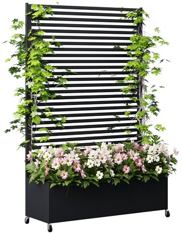 Jardinera Metálica para Exterior con Enrejado 185cm Bancal Elevado de Metal con Ruedas y Panel de Privacidad para Flores, Verduras y Plantas Trepadoras para Terraza, Balcón y Jardín