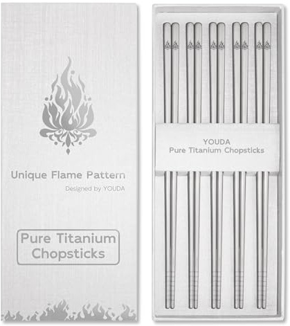 Youda 5 Pairs 99.8% Pure Titanium Chopsticks (9.45) - Extra Long Non-Roll Square Design & Grooved Grip - Lightweight 0.8oz, Flame Pattern - Dishwasher Safe for Asian Cuisine -Gift for Foodies(Silver)