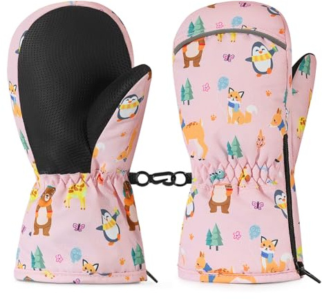 MoKo Kids Toddler Snow Mittens - Non-Slip Waterproof Velvet Cloth Kids Ski Mittens with Zipper for Toddler Girls and Boys Winter Ski Gloves, S, Pink