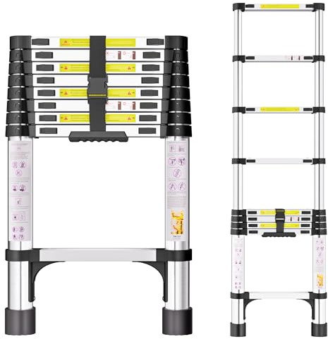 SIMPDIY Escalera telescópica de Acero Inoxidable, 2,6 m Escalera Extensible | Escalera Plegable Portátil con Patas Antideslizantes, ideal para áticos, techos, autocaravanas, decoración y mantenimiento