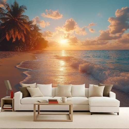 Papel Pintado Atardecer Paisaje Océano Playa Palmera 250x175 cm Efectos 3D Papel Tapiz Fotográfico Tejido No Tejido Mate Póster Fotomurales Decoración Pared Para Dormitorio Salón Decorativos Murales
