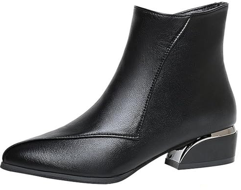 ZPLMIDE Bottines à talons bas pour femmes, bottes tendance à bout pointu avec fermeture éclair latérale, en cuir imperméable, coupe ajustée, bottes courtes pour le travail, Noir , 0 UK