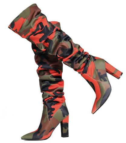 Ceciloroda Donna's Thigh Stivali Alti Orange Slouchy Ruched Wide Calf Fall Scarpe Appuntito Pull On Dressy OverStivali al Ginocchio Alto Tacco a Blocco Size 38