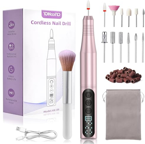 YOHOOLYO Fresa per Unghie Professionale, Type-C & 20000 RPM 4 Velocità con Inversione, Display LCD e Protezione Anti-Blocco, Kit Manicure 16 in 1 Portatile Ricaricabile - Rosa