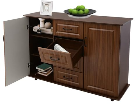 KAPIPALA Aparador moderno de 120 cm de ancho con 4 cajones y 2 puertas – Cómoda para salón, pasillo y dormitorio, armario de almacenamiento, 120 x 40 x 91 cm (color nogal oscuro)