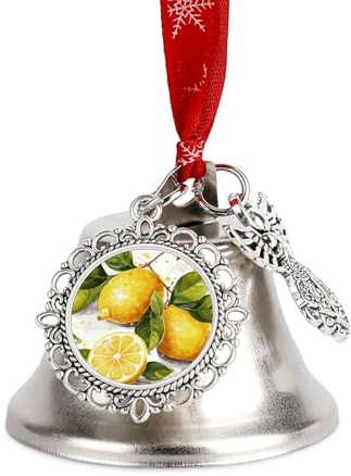 Jingle Bell Christmas Ornaments Silver Dual-Pendant Sleigh Bells with Red Ribbon Fruits Lemon Craft Bell for Xmas Tree Wreath Mantel Festival Holiday Party DIY Home Decorations