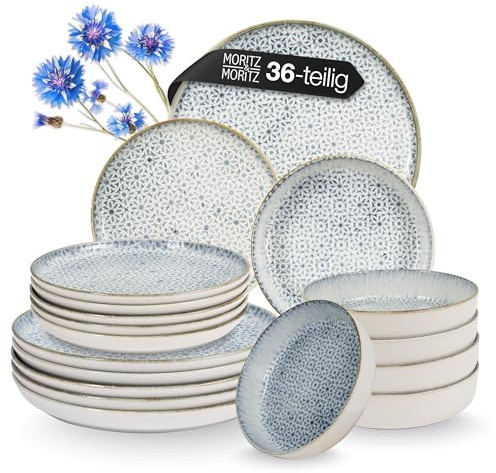 Moritz & Moritz ALHAMBRA Geschirrset 12 Personen 36-tlg. aus hochwertigem Porzellan - Modernes Tafelservice in Blau - Pflegeleichtes Geschirr Set aus je 12x Speiseteller, Dessertteller und Schalen