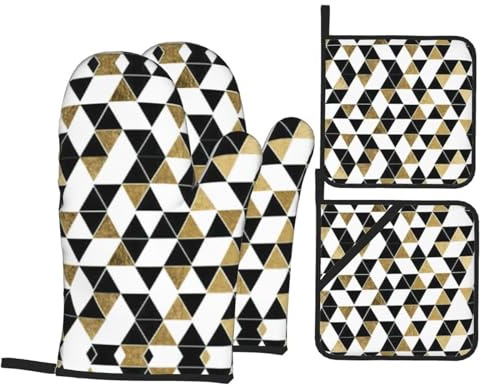 Set di 4 guanti da forno e presine con triangoli neri, bianchi e dorati, alla moda, moderni, resistenti al calore, per cucinare, cuocere