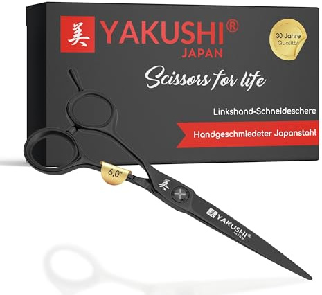 YAKUSHI BLACK VALE Linkshand-Schneideschere 6,0'' I Classic-Line I Leichte Schere aus Japanstahl mit Titan-Legierung I Rasiermesserscharfe Friseurschere mit Flachschraube & abnehmbarem Fingerhalter