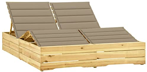 Owoxanthellate Doppel-Sonnenliege 198x135cm aus imprägnierter Kiefer mit Beige Polyester-Auflage verstellbare Holz-Liege wetterfest für Garten Balkon und Liegewiese