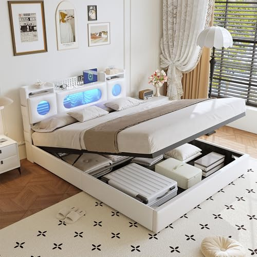 FEEOHOME Multifunktionsbett, 140 x 200 cm, gepolstertes Bett mit Lattenrost und Stauraum, Bettgestell mit LED und USB, für Erwachsene, Jugendliche, Weiß