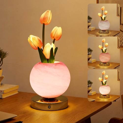 CECOMBINE Lampade a Tulipano, Lampada da Tavolo a Tulipano a 3 Colori con Attenuazione Infinita, Lampada da Tavolo Senza Fili Ricaricabile USB, Tavole Floreali Luce d'Umore Festa Decorazione per la