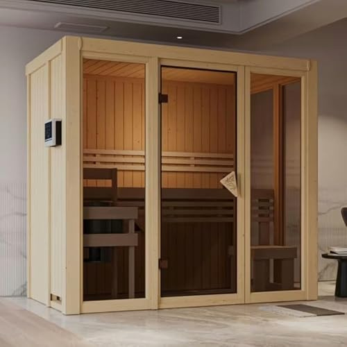 Karibu Sauna d'Intérieur Traditionnel Irava | 2-3 Places, Épicéa Nordique 68mm, Porte Vitrée, Isolation Thermique | Bancs de Tremble, Grille de Poêle, 4 Fenêtres, 122x216cm