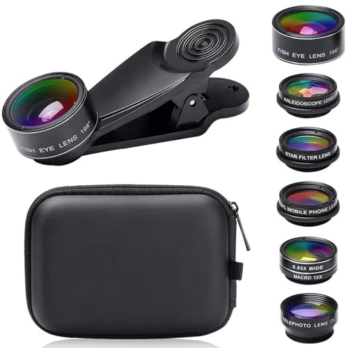 Severnier 7 in 1 Universelles Handy Objektiv Kit, 198° fisheye Lens, 0.63X Weitwinkel, 15X Makroobjektiv, CPL, Star Filter Objektiv, makro objektiv Handy mit Staubbeutel (Schwarz-)