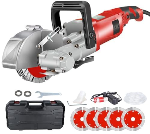 Wall Chaser Cutting Machine with Dust Extractor, 7500RPM Cutter for Concrete and Brick Walls, Includes 5 Saw Blades, 0-37mm Cutting Depth