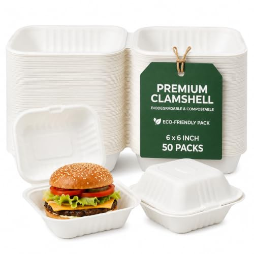 VylEco Eco-Friendly Clamshell Takeaway Boxes – Disposable Food Containers with Lid, Biodegradable Sugarcane Bagasse, Leak Resistant & Microwave Safe 6x6 Inch (Pack of 50)