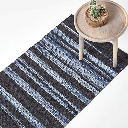 Homescapes Teppichläufer Texas 66x200 cm – Flickenteppich blau gestreift, handgewebt im Chindi-Stil aus recyceltem Leder & Denim mit Unikat-Charakter