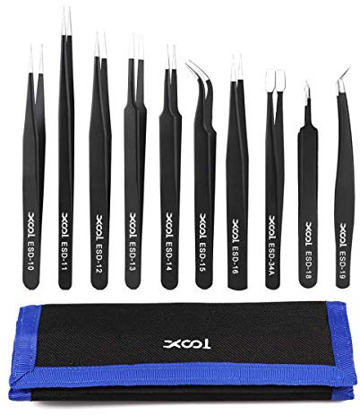 XOOL Juego de Pinzas Antiestáticas ESD de 10 Piezas, Kit de Pinzas de Acero Inoxidable para Laboratorio, Electrónica, Joyería y Trabajos Detallados
