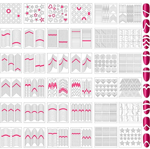 Onwon 1275 Pieces 49 Patterns Designs Nail Art Stencils French TIp Guides, Self-Adhesive Manicure Art Stickers Form Fringe Guides Vinyl, 36 Sheets