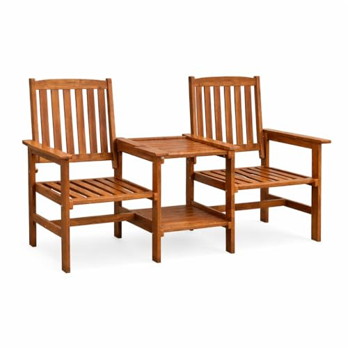 Garden Mile Wooden Garden Love Seat – 2 Seater Jack & Jill Companion Seat with Table & Parasol Hole, Outdoor Patio Bench for Garden, Balcony & Decking