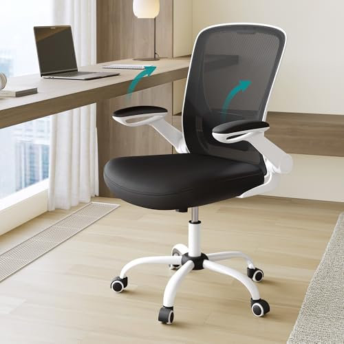 SONGMICS Sedia da Ufficio Girevole, Sedia di Rete da Computer Ergonomica, Supporto Lombare, Oscillante, Seduta 53 cm, Braccioli Pieghevoli, Bianco e Nero OBN37WT