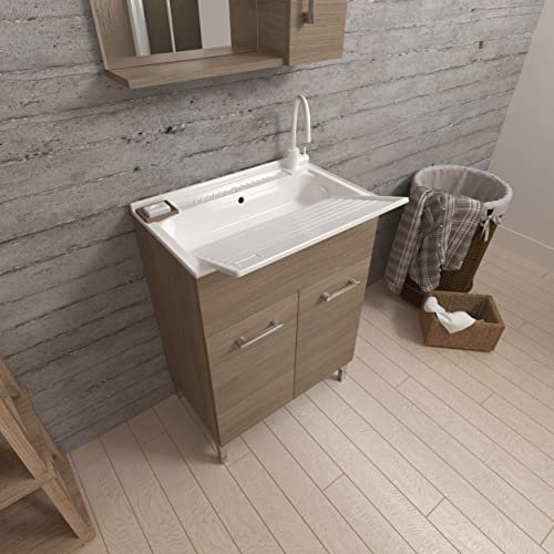 Kiamami Valentina - Meuble-lavabo 2 portes chêne naturel avec planche à laver | Pratico