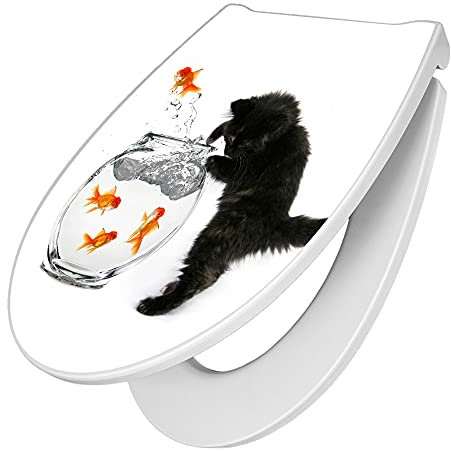 banjado Premium Toilettendeckel mit Absenkautomatik 45x38,4cm / WC Brille Soft Close/hygienischer Toilettendeckel/Klodeckel Duroplast mit Edelstahl Scharnier/Motiv Katze Und Fisch