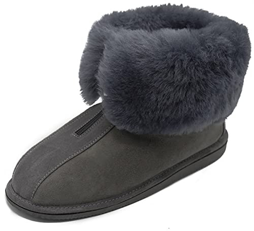 Hollert Damen & Herren Lammfell Hausschuhe Alaska Grau Hüttenschuhe Fellschuhe mit Reißverschluss 100% Merino Schaffell für Wohlgefühl - warm, atmungsaktiv Schuhgröße 39