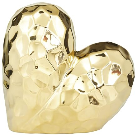 Deco 79 Porcelain Ceramic Heart Decorative Sculpture Dimensional Angled Origami Inspired Home Decor Statue, Accent Figurine 8 x 3 x 8, Gold