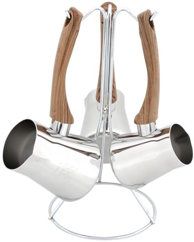 Serenk Turkish Coffee Pot Cezve, Milk Warmer, Ibrik Briki Greek Arabic Coffee Pot, Set of 3, Stovetop Coffee Maker, Turkish Cezve Traditional made of Stainless Steel, Rust Free w/Hanging Base