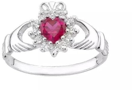 Sterling Silver Ruby Claddagh Ring - size J to V