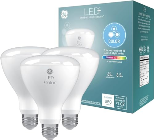 GE LED+ Color Changing LED Light Bulbs with Remote, BR30 Indoor Multicolor Floodlights, College Dorm Light, Dorm Room Essentials, 8.5W (3 Pack)