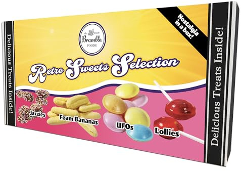 Bramble Foods Retro Sweets Variety Gift Box - Traditional & Old Fashioned Confectionary Selection - Lovely Gift for Friends & Family - Contains Jazzies, Foam Bananas, Flying Saucers & Lollipops