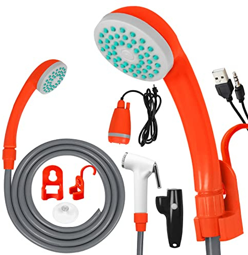 YRHome Campingdusche mit Wiederaufladbarer Akku Camping Dusche Outdoor Dusche 2m Duscheschlauch Hundedusche Wasserpumpe mit Handbrause Tauchpumpe USB-Ladekabel für Garten Camping Reisen Autowäsche