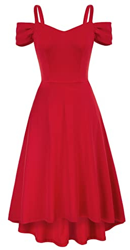 GRACE KARIN Women's Cold Shoulder Dress V-Neck Elegant Fit and Flare Evening Dresses for Cocktail Party Red XL