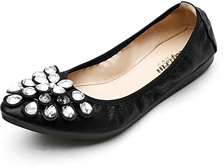 Aoikoy Women's Ballet Flats Foldable Casual Sparkly Rhinestone Wedding Ballerina Shoes Comfort Slip on Walking Flat Shoes, A3 Black, 6.5 UK