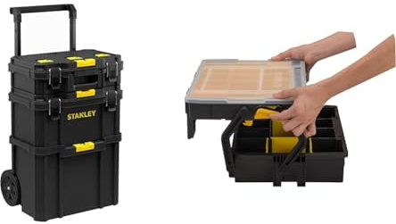STANLEY - SERVANTE 3 EN 1 QUICKLINK - Boîte à outils compacte + Boîte à outils profonde avec porte-outils intégré + Coffre de chantier & STST1-75540 Boîte à Compartiments Sortlevel 23 Compartiemnts