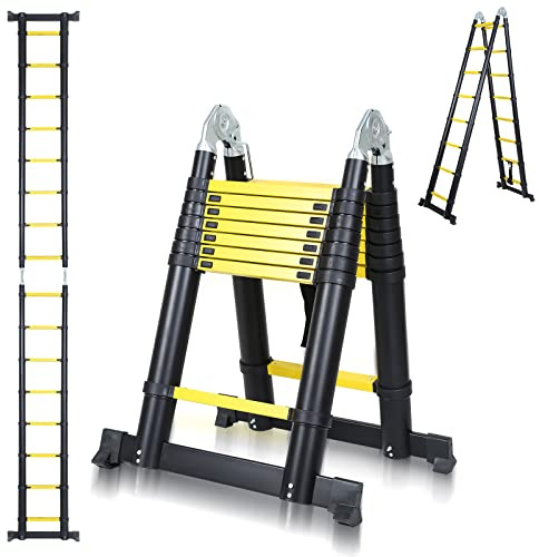 Yakimz Scala telescopica in alluminio con design pieghevole, telescopica allungabile, 2,5 m + 2,5 m, pieghevole, scala in alluminio antiscivolo, colore nero (5 metri)