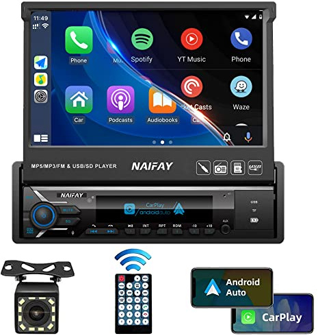 Naifay Single Din Touchscreen Car Stereo with Carplay & Android Auto, 7inch Flip Out Screen Car Stereo with Bluetooth Car Audio Receivers, Backup Camera, FM Radio/Mirror Link/USB/AUX/TF/Subwoofer