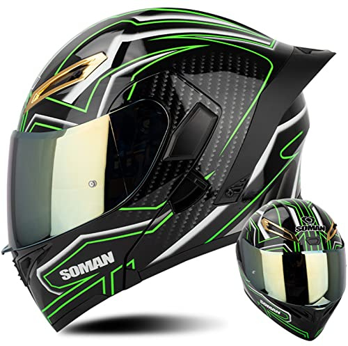 Motorcycle Helmet Modular Flip Up Front Motorbike Helmet, DOT/ECE Approved Full Face Helmet With Double Visor Colored Lens Crash Helmet For Men Women,Green-M(57~58cm)