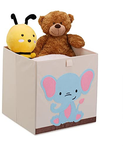 Relaxdays Aufbewahrungsbox, Elefant, HxBxT: 33 x 33 x 33 cm, Spielkiste Kinderzimmer, Stoffbox, faltbar, beige/blau