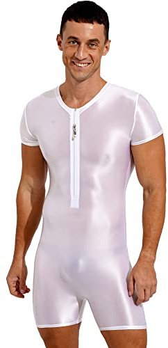 iEFiEL Herren Öl Body Glossy Ganzanzug Kurz Bodysuit Bodycon Sportbody mit Reißverschluss Eng Stretch Gymnastikbody Unterwäsche Weiß M