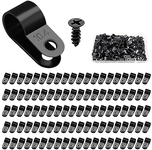 VooGenzek 100 Piezas 10.4mm (3/8 Pulgada) Clips de Cable de Nailon Tipo R, Abrazaderas de Cable Tipo R con 100 Piezas de Tornillos, para Gestión de Cables (Negro)