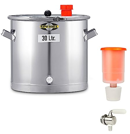 Speidel Gärbehälter Edelstahl 350 mm D, 30 Liter inklusive V2A Ablasshahn und Gärspund, Universalfass V2A Edelstahl für Lagerung, Transport und Vergären von Most, Wein, Saft, Gärfass Edelstahl 30L