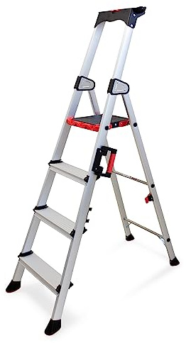 KELI – Klappleiter, Trittleiter, Trittleiter, Robustes Aluminium, professionelle Qualität, Tragegriff, Werkzeughalter aus ABS, ausklappbar (4 Stufen)