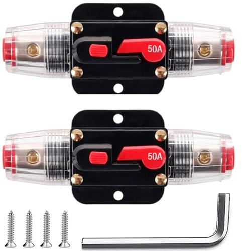 Greluma 2 Stück 50A-Inline-Leistungsschalter-Reset-Sicherung,12V-24V-DC-Reset-Sicherungshalter 50A mit manuellem Reset für den Schutz von Kfz-Marineboot-Audiosystemen