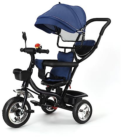 Homewell Dreirad mit Schubstange, Laufrad ab 1 Jahre, Kinderdreirad Kombiniert Trolley und Ride Funktionen, mit Faltbar, Abnehmbar Sonnendach und Pedal für Kinder unterschiedlichen (01, Blau)