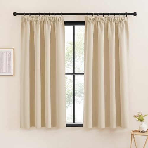 KGORGE Korta mörkläggningsgardiner värmeisolerade gardiner för värme och kyla korta gardiner sovrum köksgardiner för skena, 2 stycken, 140x145 cm (BxH), mörkbeige